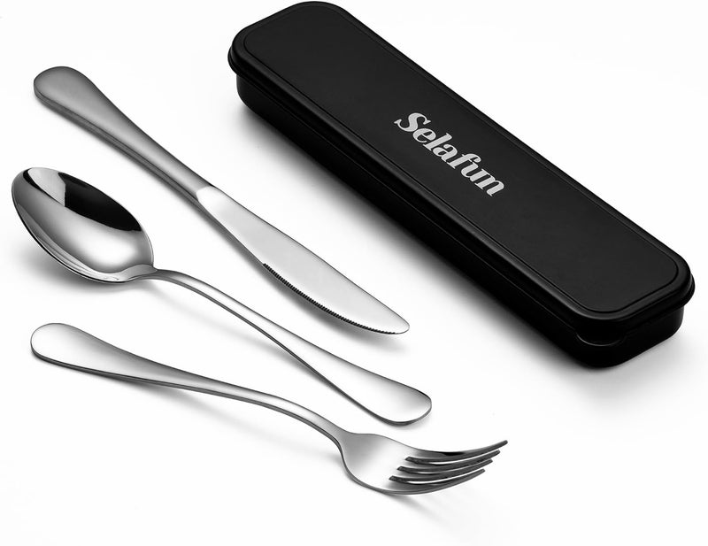 Selafun 4-Piece Travel Set with Case - Portable Silverware Utensils - Stainless Steel Reusable Flatware - Cutlery Set for Camping, Picnic, Hiking, Office - Dishwasher Safe - Image 1